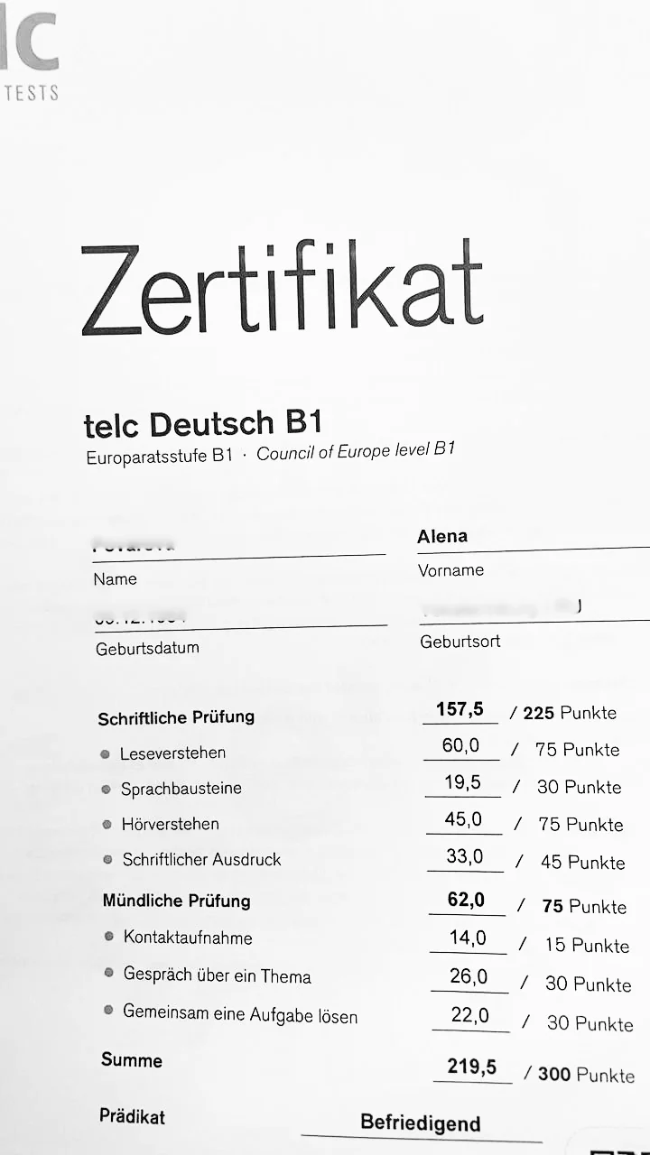 Сертификат Telc B1 Alena P.