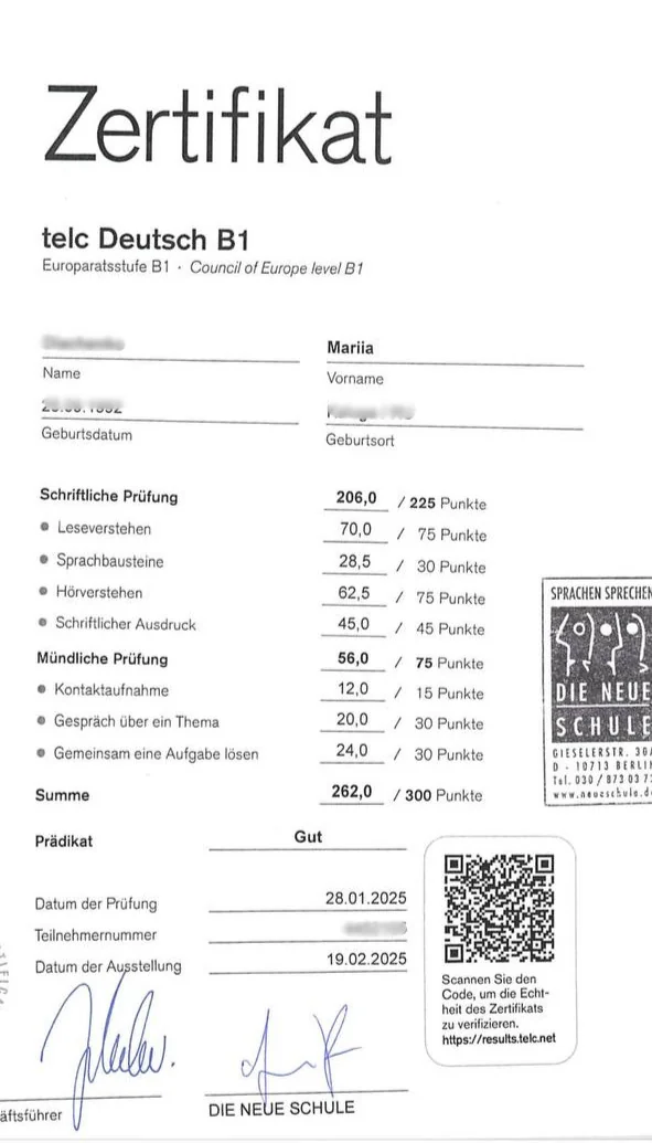 Сертификат Telc B1 Mariia D.