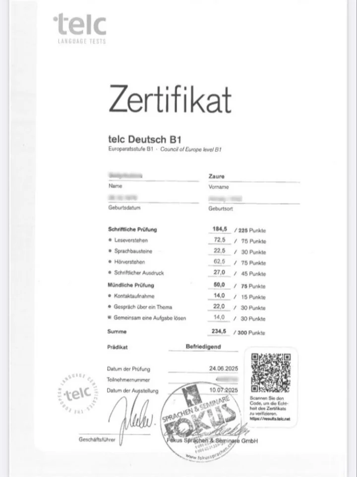 Сертификат Telc B1 Zaure S.